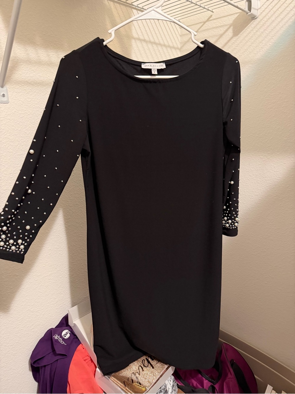 Annalee + Hope Black Shift Dress with Pearl Sleeve Embellishments